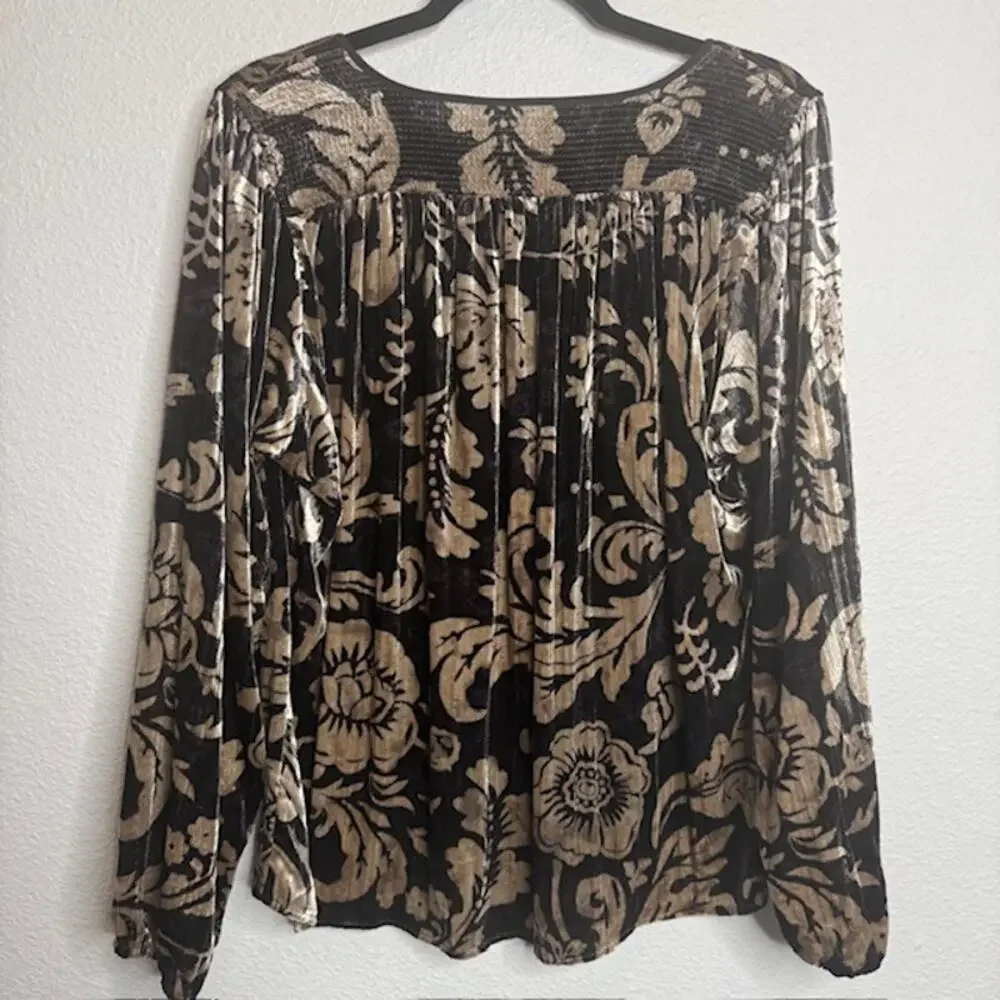 Anthropologie Faustine Velvet Floral Peasant Blouse L Boho Smocked Top